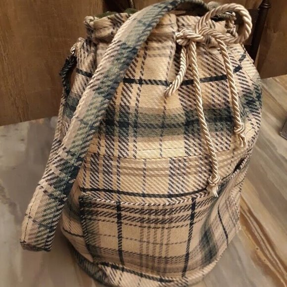 Plaid Retro Plaid Tote Double handle Bucket Shoulder Bag Purse Green Ivory LRG - Picture 6 of 11